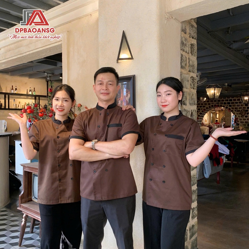 Áo Bếp Ngắn Tay Đồng Phục Đầu Bếp Màu Nâu Nam Nữ Nhà Hàng, Quán Ăn, Khách Sạn, Resort