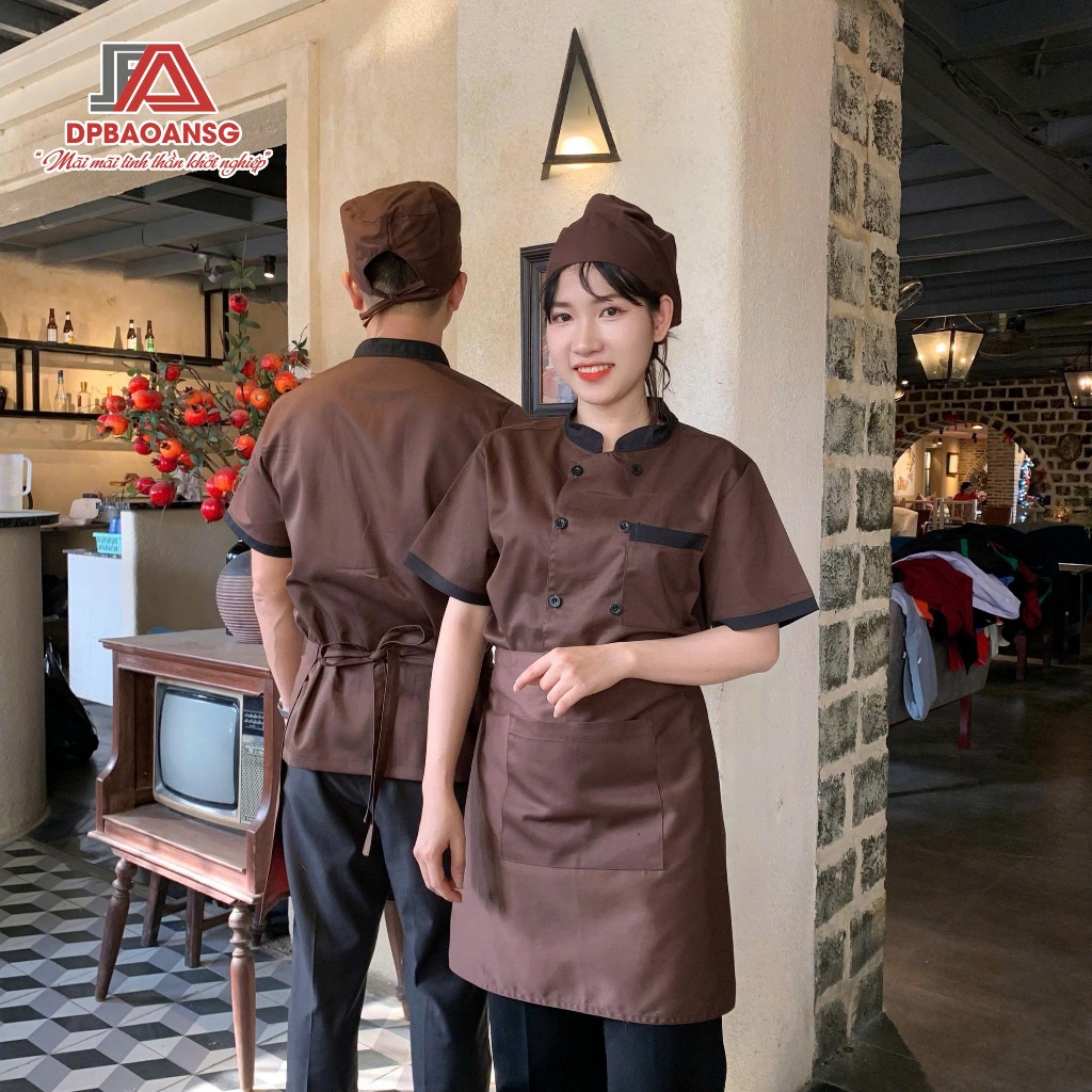 Áo Bếp Nhà Hàng Vải Kaki Ngắn Tay Form Nam Nữ - Màu Nâu/Xanh Cổ Vịt Phối Đen