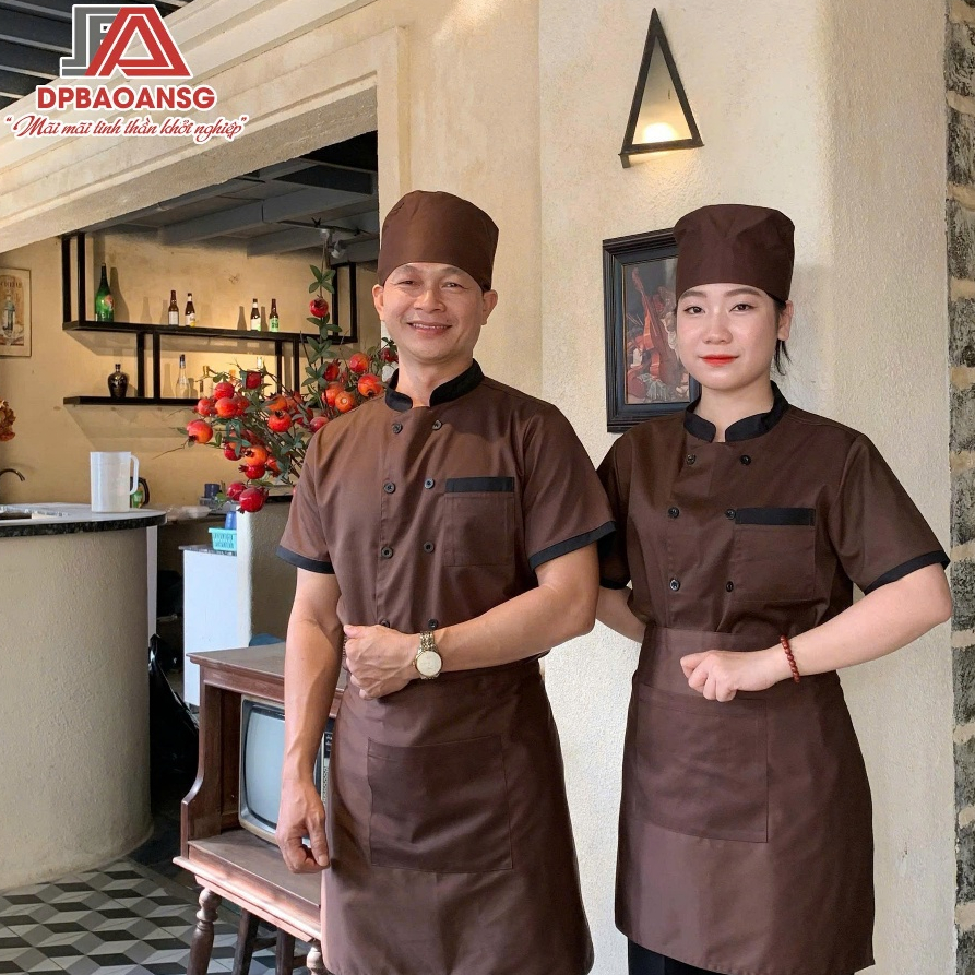 Áo Bếp Ngắn Tay Đồng Phục Đầu Bếp Màu Nâu Nam Nữ Nhà Hàng, Quán Ăn, Khách Sạn, Resort