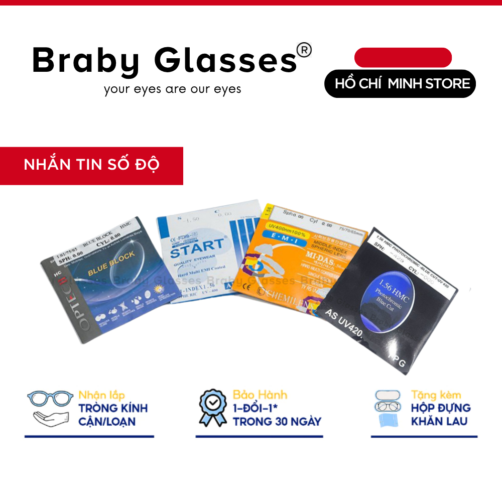 Mắt kính cận, loạn, viễn, lão Braby Glasses tròng kính lọc ánh sáng xanh, đổi màu ra nắng, chốnguv
