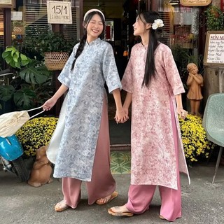 Áo dài Trúc Lam dáng suông, tay lỡ hai tà  đính charm, chất liệu gấm châu sa cao cấp
