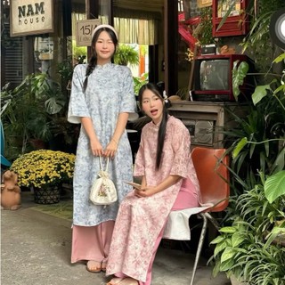 Áo dài Trúc Lam dáng suông, tay lỡ hai tà  đính charm, chất liệu gấm châu sa cao cấp