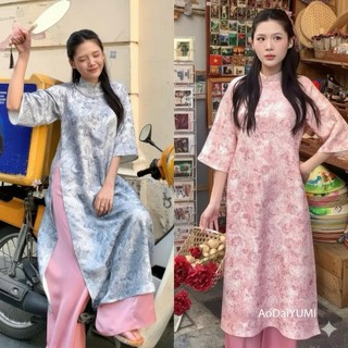 Áo dài Trúc Lam dáng suông, tay lỡ hai tà  đính charm, chất liệu gấm châu sa cao cấp