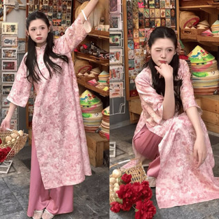 Áo dài Trúc Lam dáng suông, tay lỡ hai tà  đính charm, chất liệu gấm châu sa cao cấp