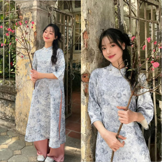Áo dài Trúc Lam dáng suông, tay lỡ hai tà  đính charm, chất liệu gấm châu sa cao cấp