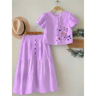 [CAO CẤP] Set Áo Tay Hến Cúc Dừa Thêu Hoa Vải Đũi Mềm Mịn, Váy Dài Dáng Suông Thanh Lịch, Nữ Tính - Anh Thư Shop (AT08)