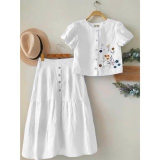 [CAO CẤP] Set Áo Tay Hến Cúc Dừa Thêu Hoa Vải Đũi Mềm Mịn, Váy Dài Dáng Suông Thanh Lịch, Nữ Tính - Anh Thư Shop (AT08)