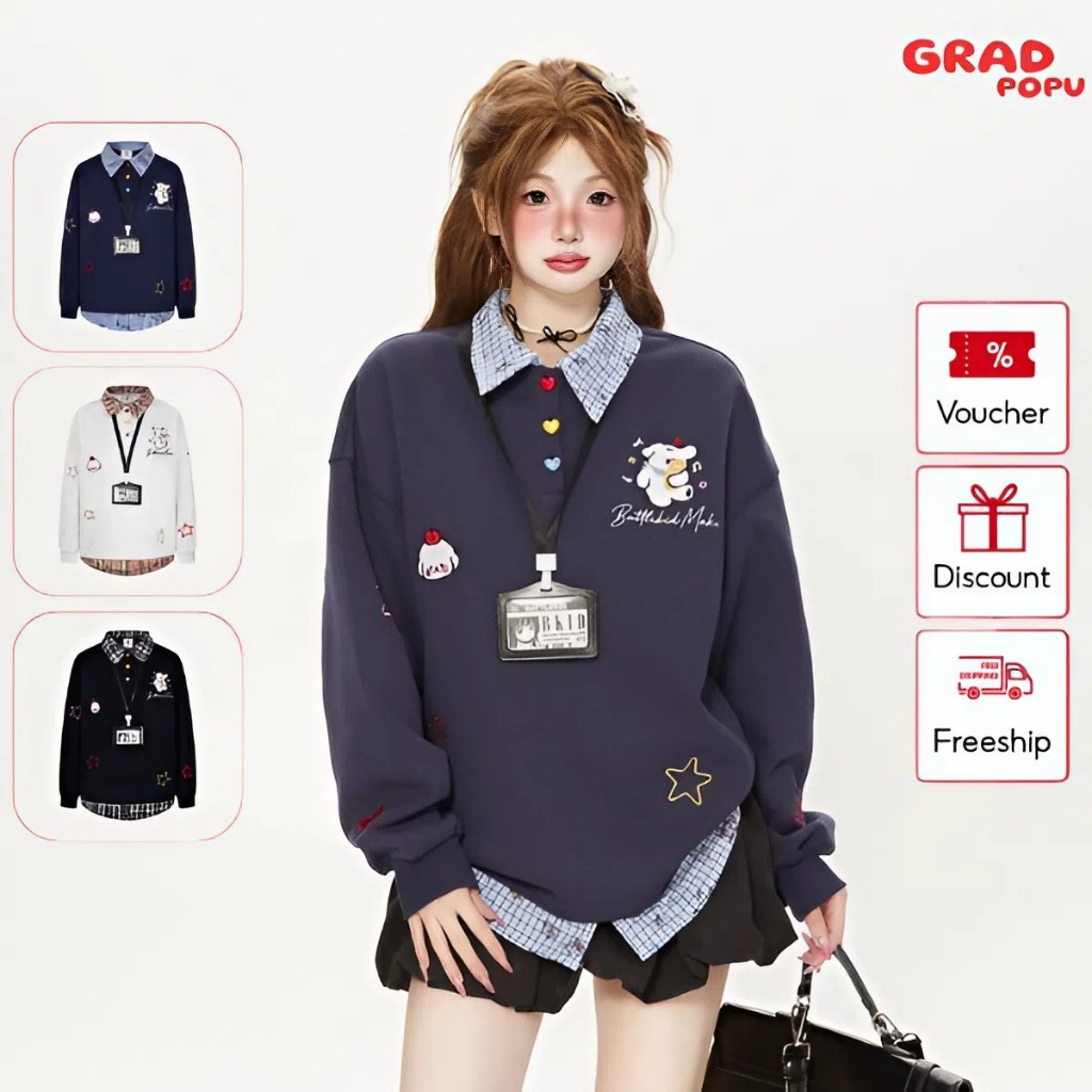 Áo nỉ nữ GRADPOPU cổ polo phong cách học sinh độc đáo và sành điệu dáng rộng  trẻ trung PAN27