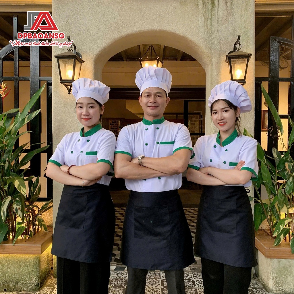 Áo Bếp Cao Cấp Màu Đen/Trắng Phối Xanh Sang Trọng Cho Các Đầu Bếp Nhà Hàng Quán Ăn