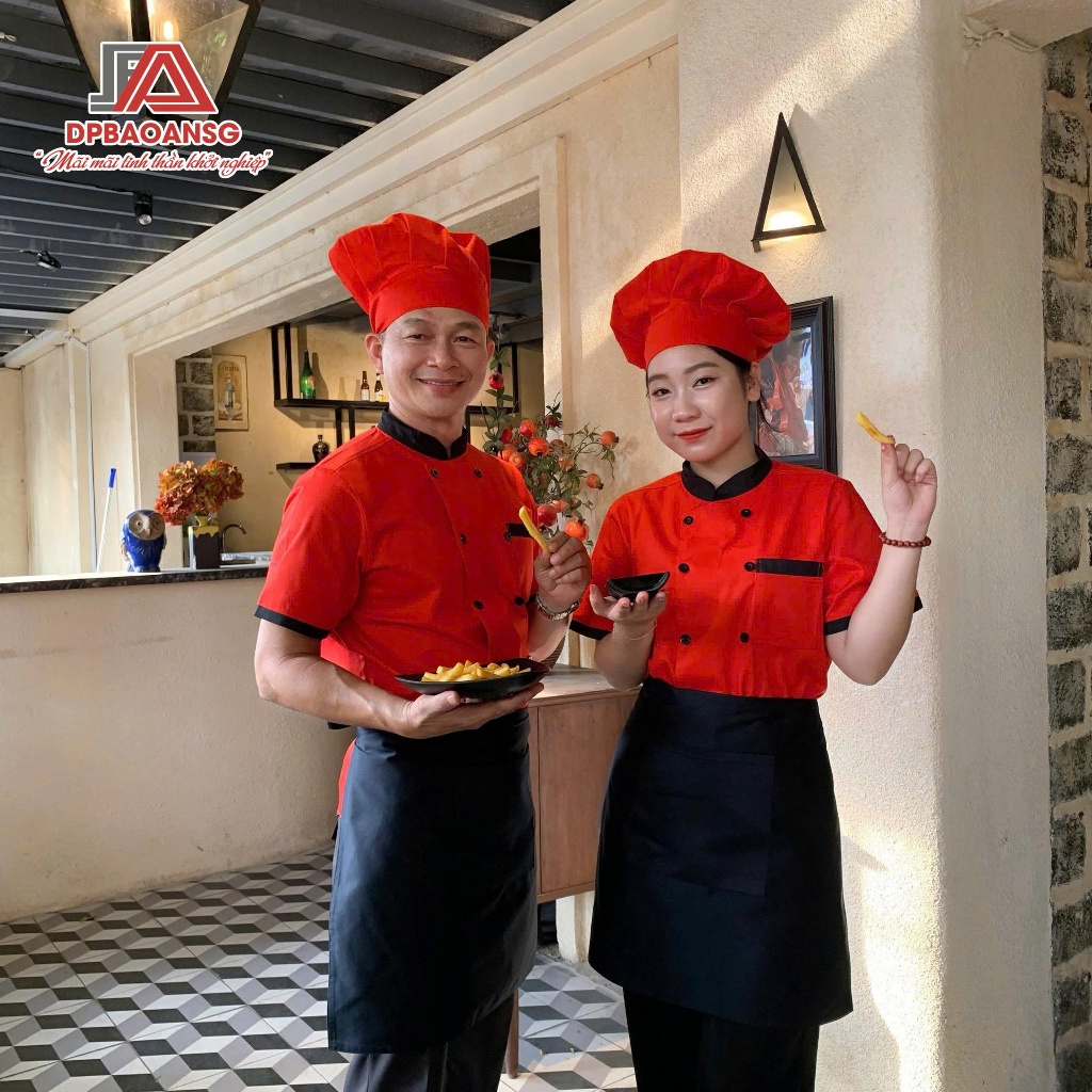 Áo Bếp Quán Ăn - Áo Đồng Phục Nhà Hàng Màu Trắng, Đỏ Tay Ngắn Có Viền
