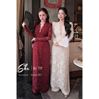 Set áo dài ren đỏ cổ tim mix quần lụa tay bồng nhẹ 2 lớp dày dặn cạp chun chị em mặc thoải mái sang - Baotrang.clothes