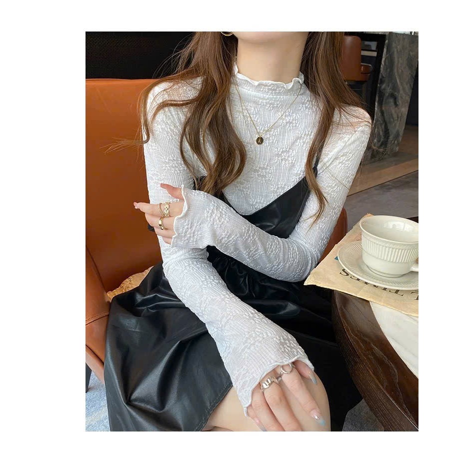 Áo Ren Lưới Cổ Cao Họa Tiết TL.Online Shop Áo Nữ Dài Tay Ôm Body Mềm Mại AR001