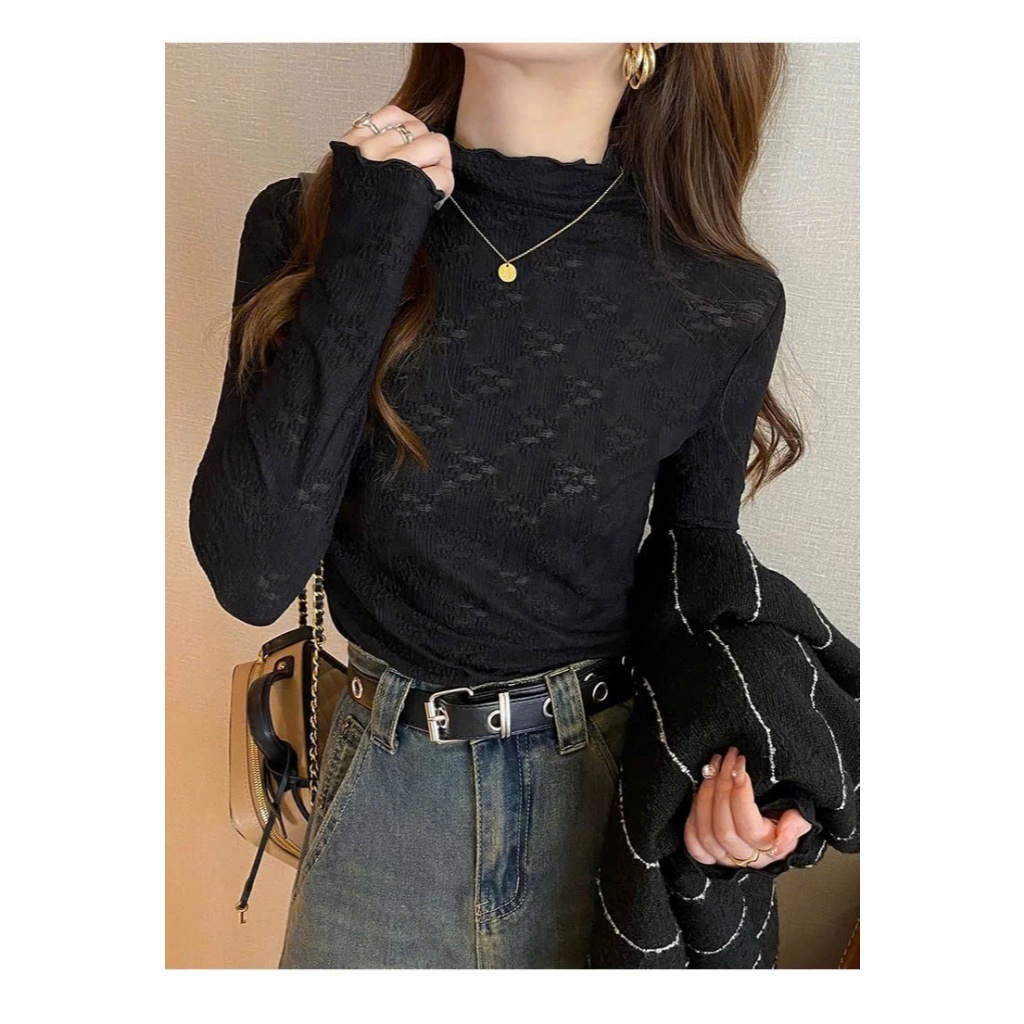 Áo Ren Lưới Cổ Cao Họa Tiết TL.Online Shop Áo Nữ Dài Tay Ôm Body Mềm Mại AR001