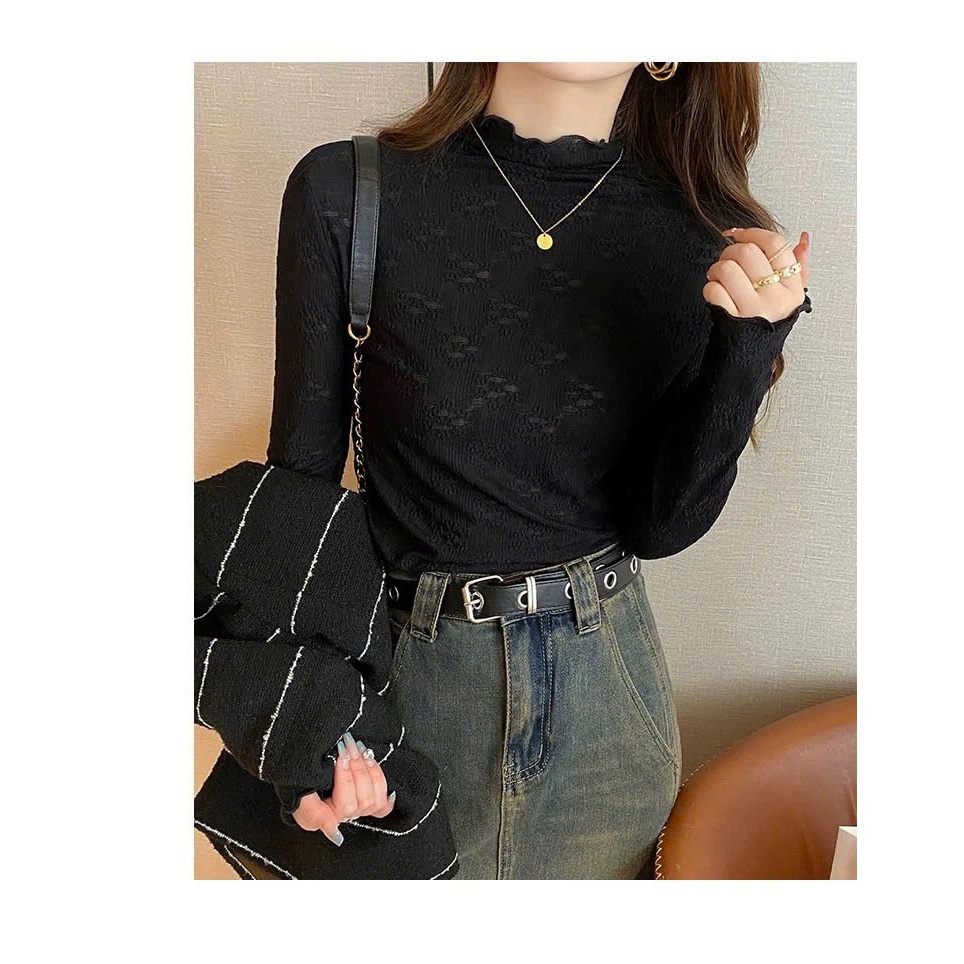 Áo Ren Lưới Cổ Cao Họa Tiết TL.Online Shop Áo Nữ Dài Tay Ôm Body Mềm Mại AR001