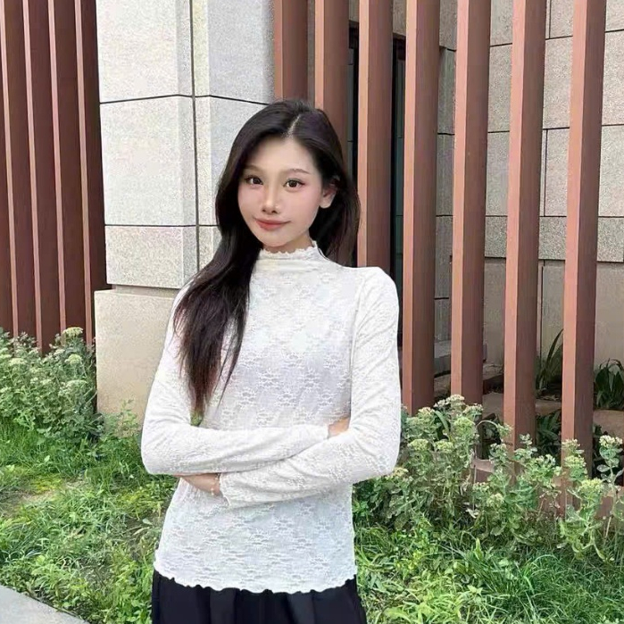 Áo Ren Lưới Cổ Cao Họa Tiết TL.Online Shop Áo Nữ Dài Tay Ôm Body Mềm Mại AR001