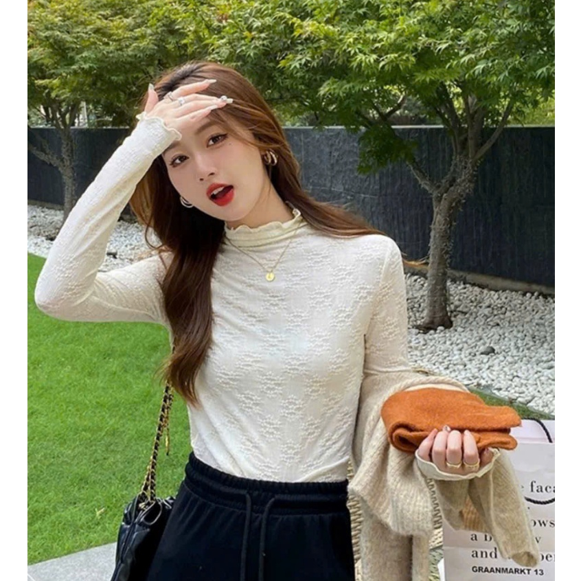 Áo Ren Lưới Cổ Cao Họa Tiết TL.Online Shop Áo Nữ Dài Tay Ôm Body Mềm Mại AR001