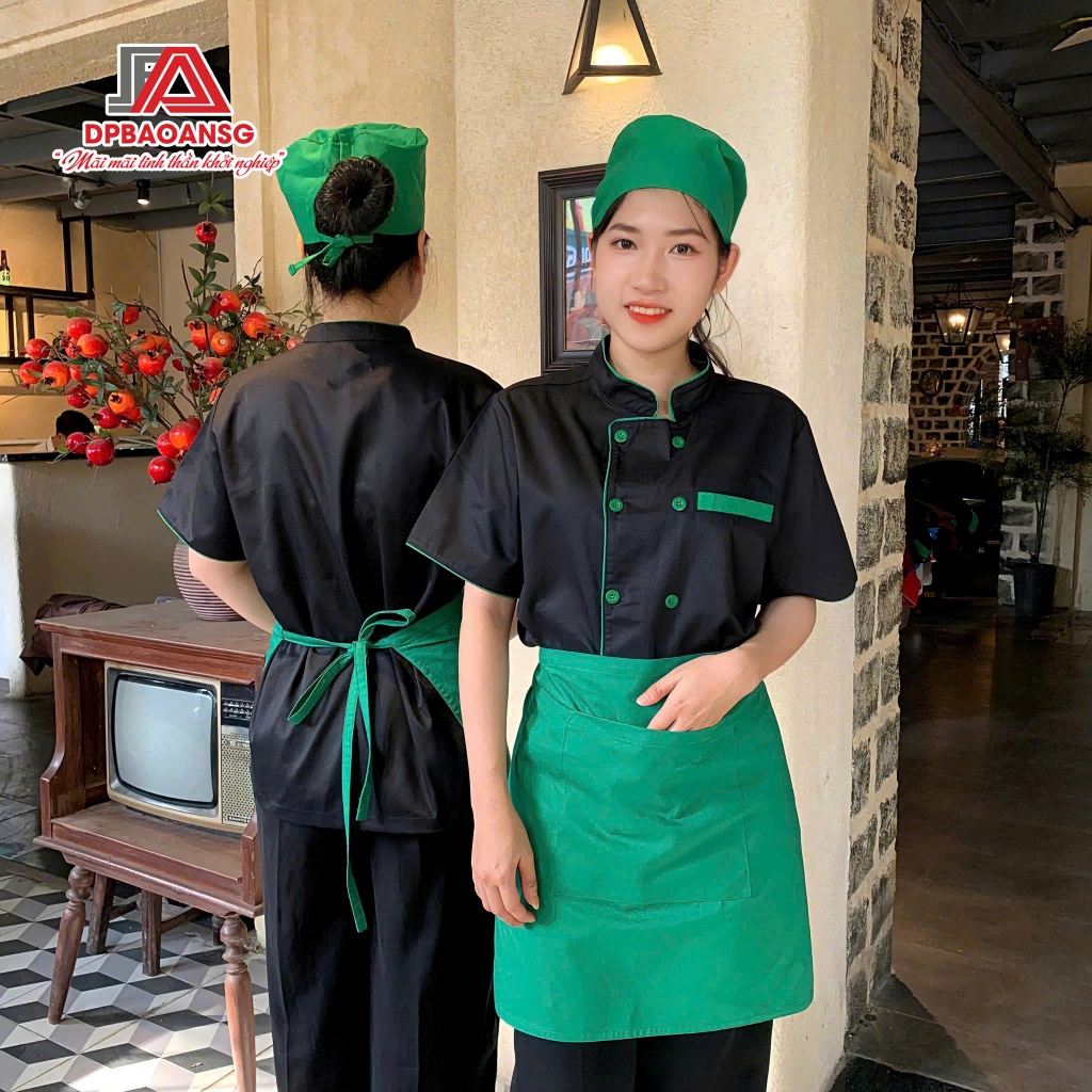 Áo Bếp Cao Cấp Màu Đen/Trắng Phối Xanh Sang Trọng Cho Các Đầu Bếp Nhà Hàng Quán Ăn