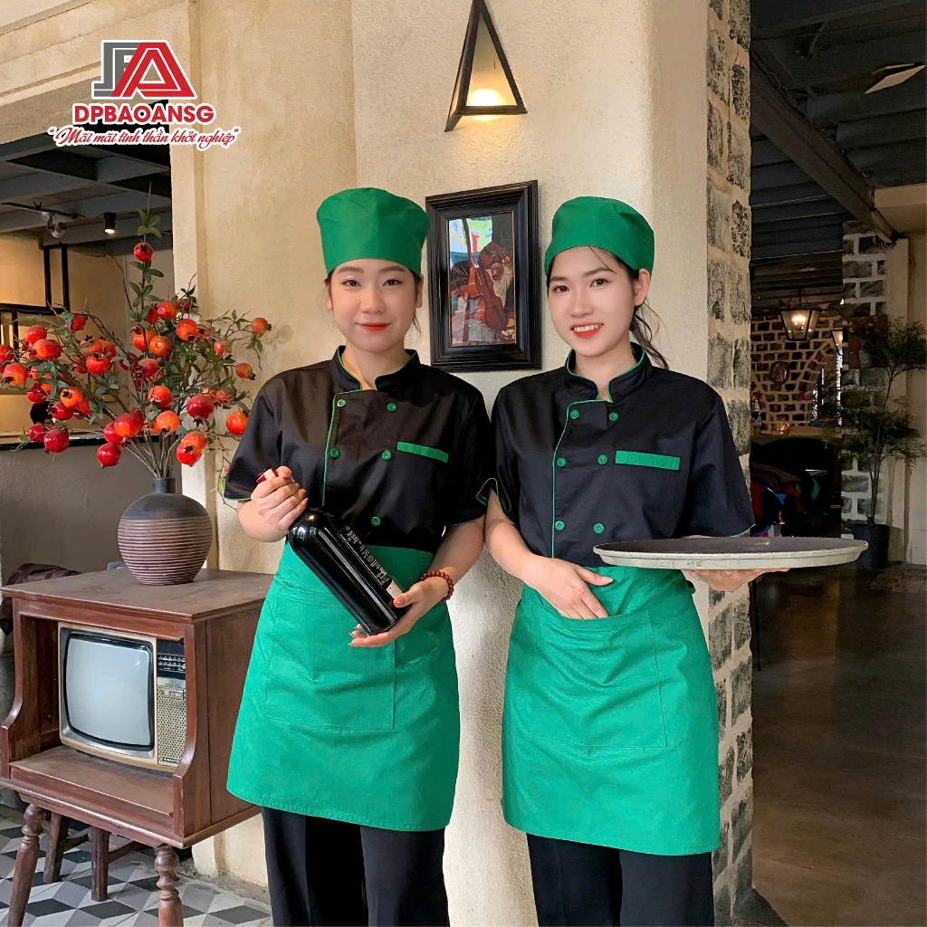 Áo Bếp Cao Cấp Màu Đen/Trắng Phối Xanh Sang Trọng Cho Các Đầu Bếp Nhà Hàng Quán Ăn