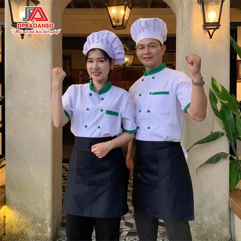 Áo Bếp Cao Cấp Màu Đen/Trắng Phối Xanh Sang Trọng Cho Các Đầu Bếp Nhà Hàng Quán Ăn