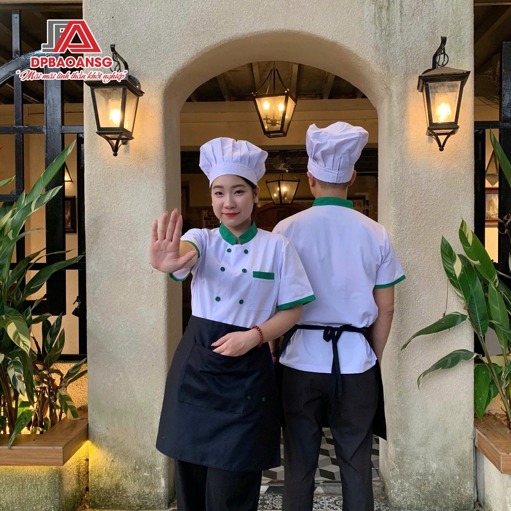 Áo Bếp Cao Cấp Màu Đen/Trắng Phối Xanh Sang Trọng Cho Các Đầu Bếp Nhà Hàng Quán Ăn