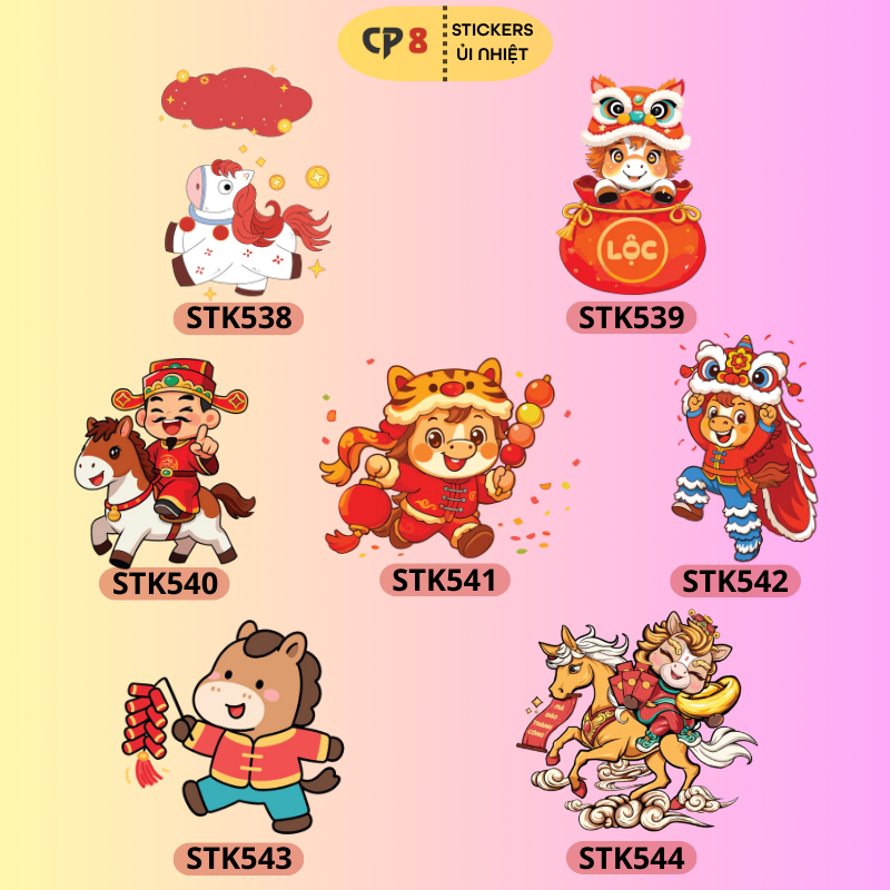 Bộ Hình In, Ủi Nhiệt Sticker Tết Bính Ngọ 2026 BST04 - CP8 PET Sticker