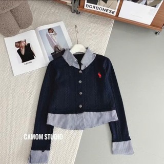 Áo len QC nữ Montoghi dệt kim PHỐI BÈO CARO cài NƠ , THẮT NƠ , THÊU MGUA , ĐÍNH LOGO kiểu thừng tay dài sang trọng