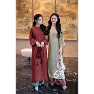 Áo dài lụa gấm viền cổ đá ánh nhũ mềm nhẹ tổng màu siêu sang form dáng suông rộng đẹp thướt tha sang - Baotrang.clothes