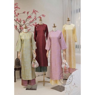 Áo dài lụa gấm viền cổ đá ánh nhũ mềm nhẹ tổng màu siêu sang form dáng suông rộng đẹp thướt tha sang - Baotrang.clothes