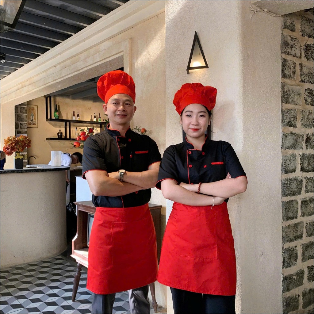 Áo Đầu Bếp Trưởng Nam Nữ Màu Đen,Trắng, Đỏ Tay Ngắn