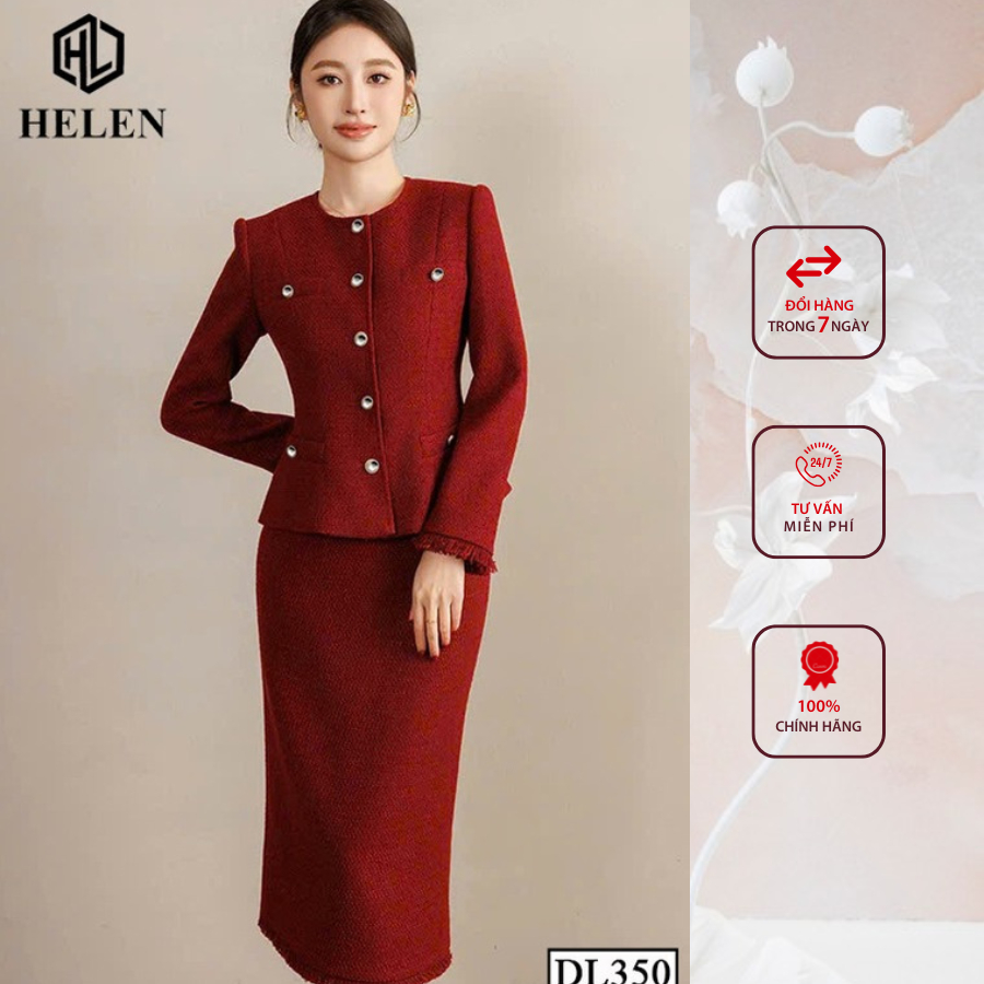 Đầm liền công sở HELEN thiết kế dáng ôm dạ đỏ giả set tay dài DL350
