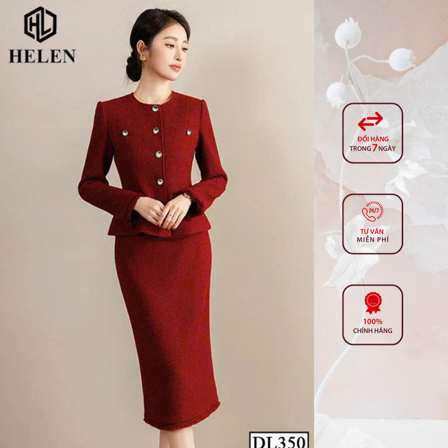 Đầm liền công sở HELEN thiết kế dáng ôm dạ đỏ giả set tay dài DL350