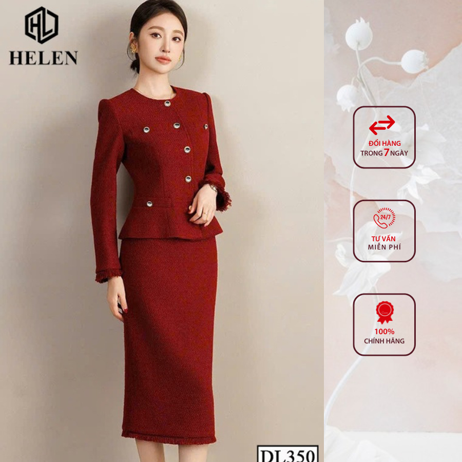 Đầm liền công sở HELEN thiết kế dáng ôm dạ đỏ giả set tay dài DL350