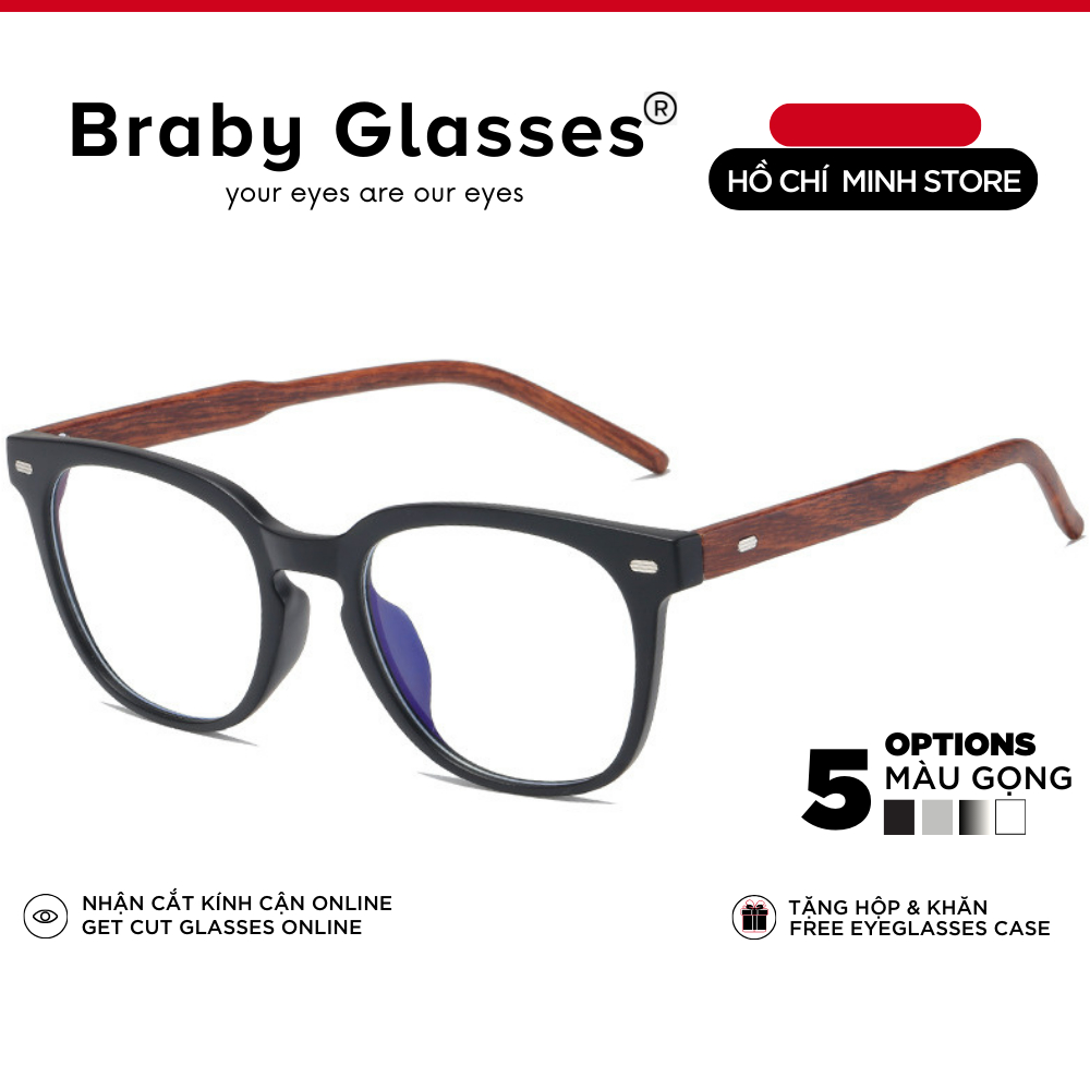 Gọng kính cận nam nữ unisex BrabyGlasses mắt kính vuông vân gỗ thời trang độc đáo MK08