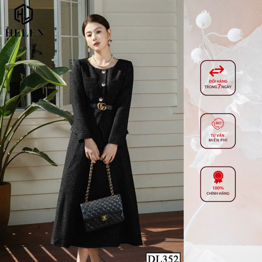 Đầm liền công sở HELEN thiết kế dáng xòe peplum đen giả set tay dài DL352