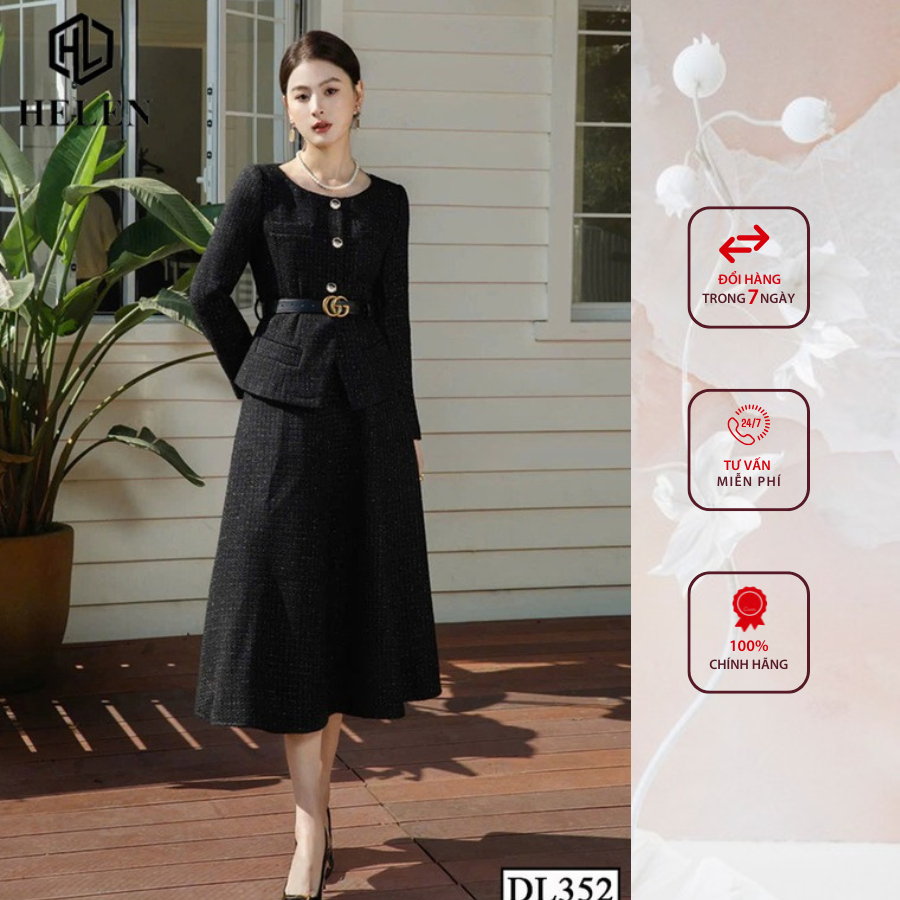 Đầm liền công sở HELEN thiết kế dáng xòe peplum đen giả set tay dài DL352