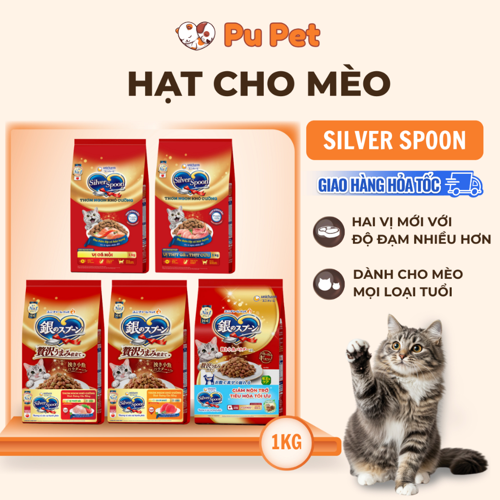 Hạt Cho Mèo Silver Spoon Unicharm 1kg Nội Địa Nhật Bản Đủ Vị Gà Cá Ngừ Và Dòng Giảm Nôn Trớ