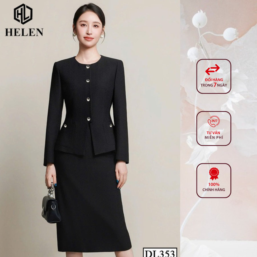 Đầm liền công sở HELEN thiết kế dáng ôm màu đen giả set cổ tròn DL353