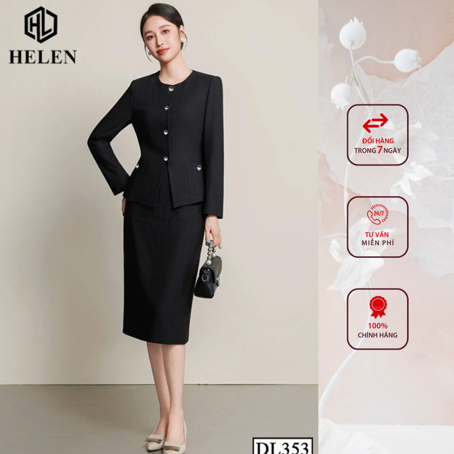 Đầm liền công sở HELEN thiết kế dáng ôm màu đen giả set cổ tròn DL353