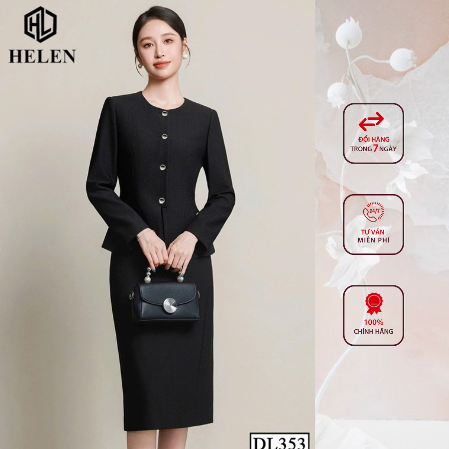 Đầm liền công sở HELEN thiết kế dáng ôm màu đen giả set cổ tròn DL353