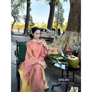 Set áo dài cao cấp bùng nổ visual màu hồng ánh nhũ vàng sang đỉnh khâu cổ đá sang chảnh đẳng cấp - Baotrang.clothes