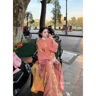 Set áo dài cao cấp bùng nổ visual màu hồng ánh nhũ vàng sang đỉnh khâu cổ đá sang chảnh đẳng cấp - Baotrang.clothes