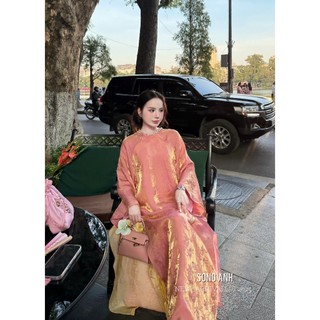 Set áo dài cao cấp bùng nổ visual màu hồng ánh nhũ vàng sang đỉnh khâu cổ đá sang chảnh đẳng cấp - Baotrang.clothes
