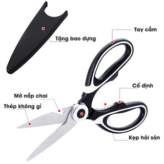Kéo Cắt Thực Phẩm Đa Năng - Kéo Làm Bếp Cán Nhựa Đỏ Xám Sắc Bén, Cắt Thịt Nướng, Giấy, Vải