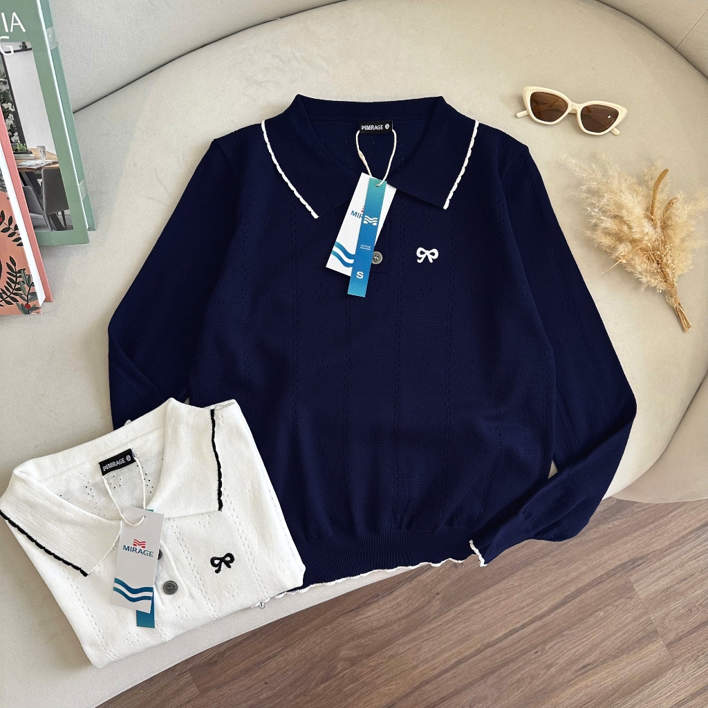 Áo Len Tay Dài Mirage Thêu Nơ Xanh Trắng Local Brand, Chất Len Mềm Mịn.