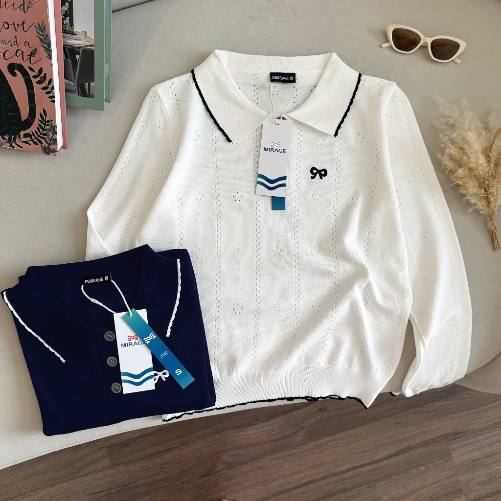 Áo Len Tay Dài Mirage Thêu Nơ Xanh Trắng Local Brand, Chất Len Mềm Mịn.
