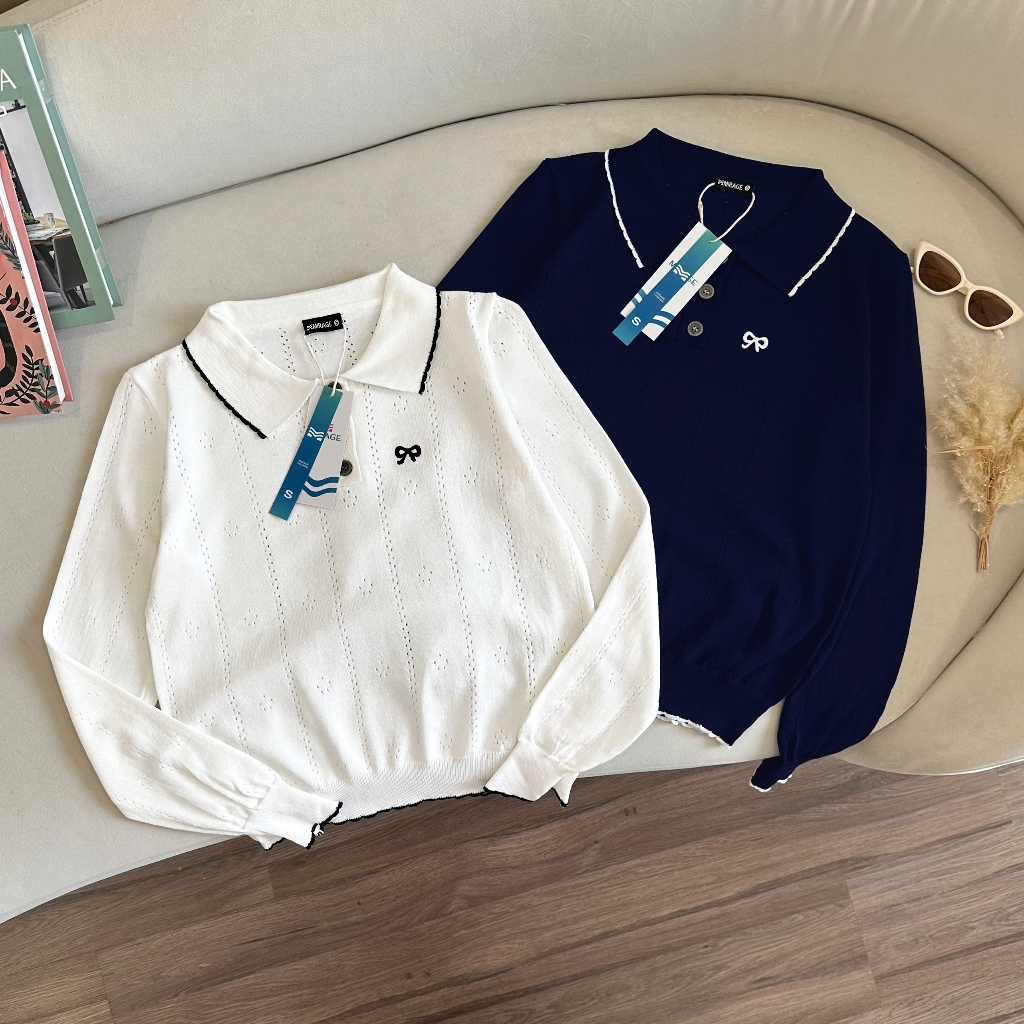 Áo Len Tay Dài Mirage Thêu Nơ Xanh Trắng Local Brand, Chất Len Mềm Mịn.