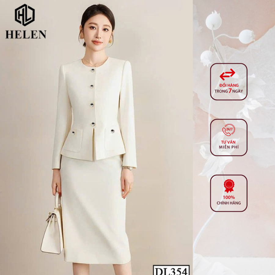 Đầm liền công sở HELEN thiết kế dáng ôm màu kem giả set cổ tròn DL354