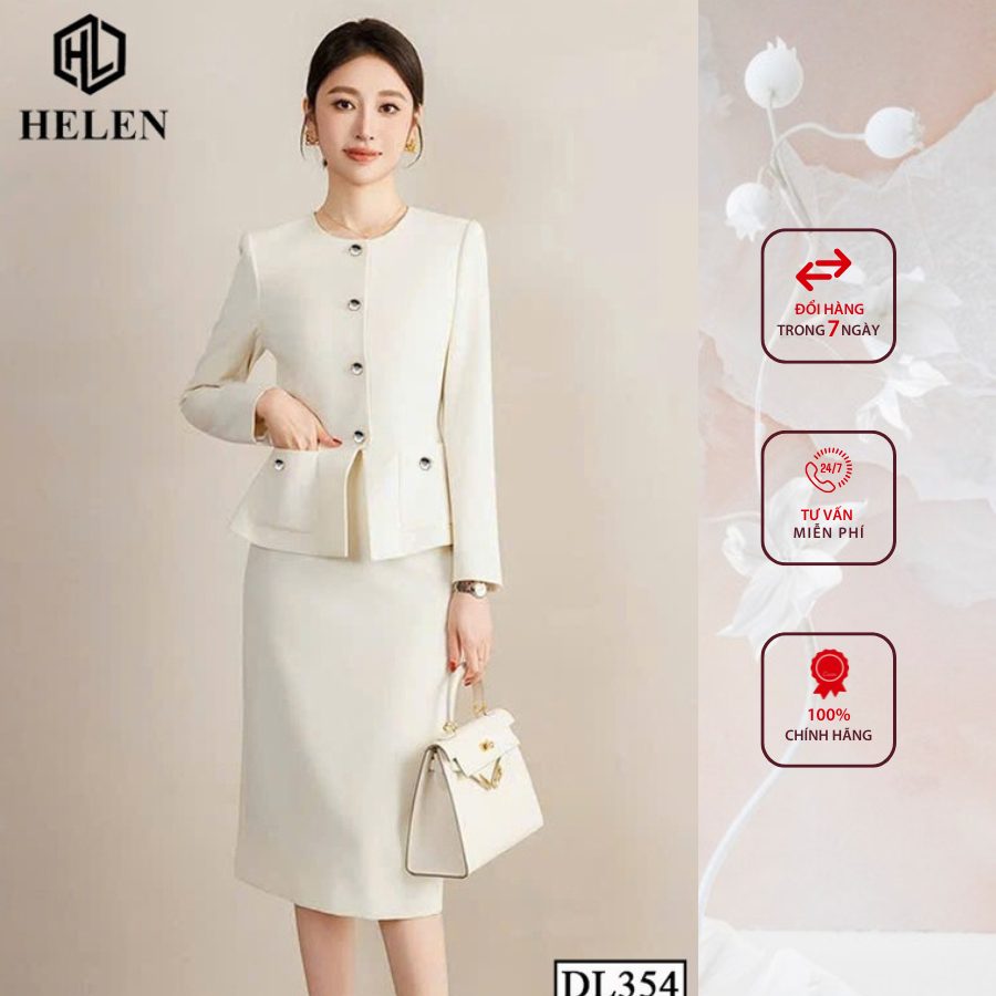 Đầm liền công sở HELEN thiết kế dáng ôm màu kem giả set cổ tròn DL354