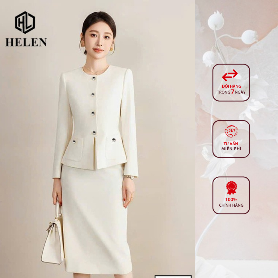 Đầm liền công sở HELEN thiết kế dáng ôm màu kem giả set cổ tròn DL354