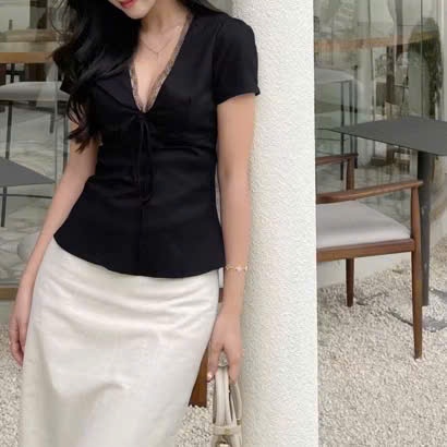 Áo Kiểu Linen cột nơ Xinh Nữ Cổ V Phối Viền Ren Tay Ngắn Mùa Hè 217